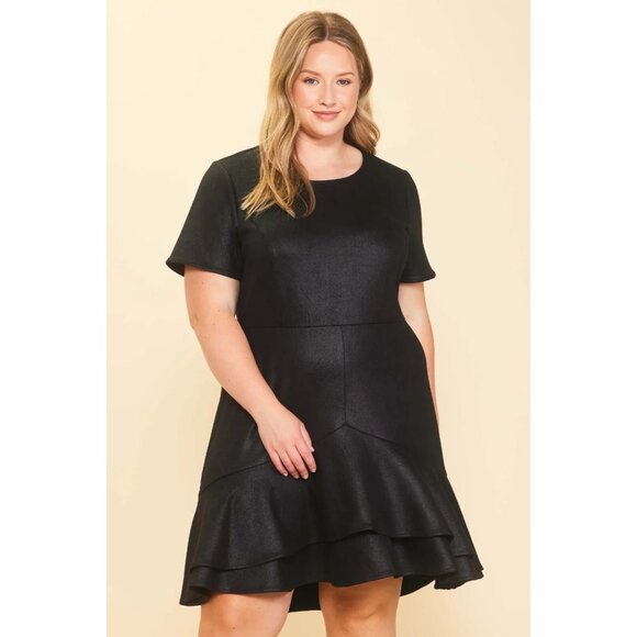 Skies are Blue Dress Sadie Faux Suede Black Ruffle Short Sleeve - Picture 1 of 13